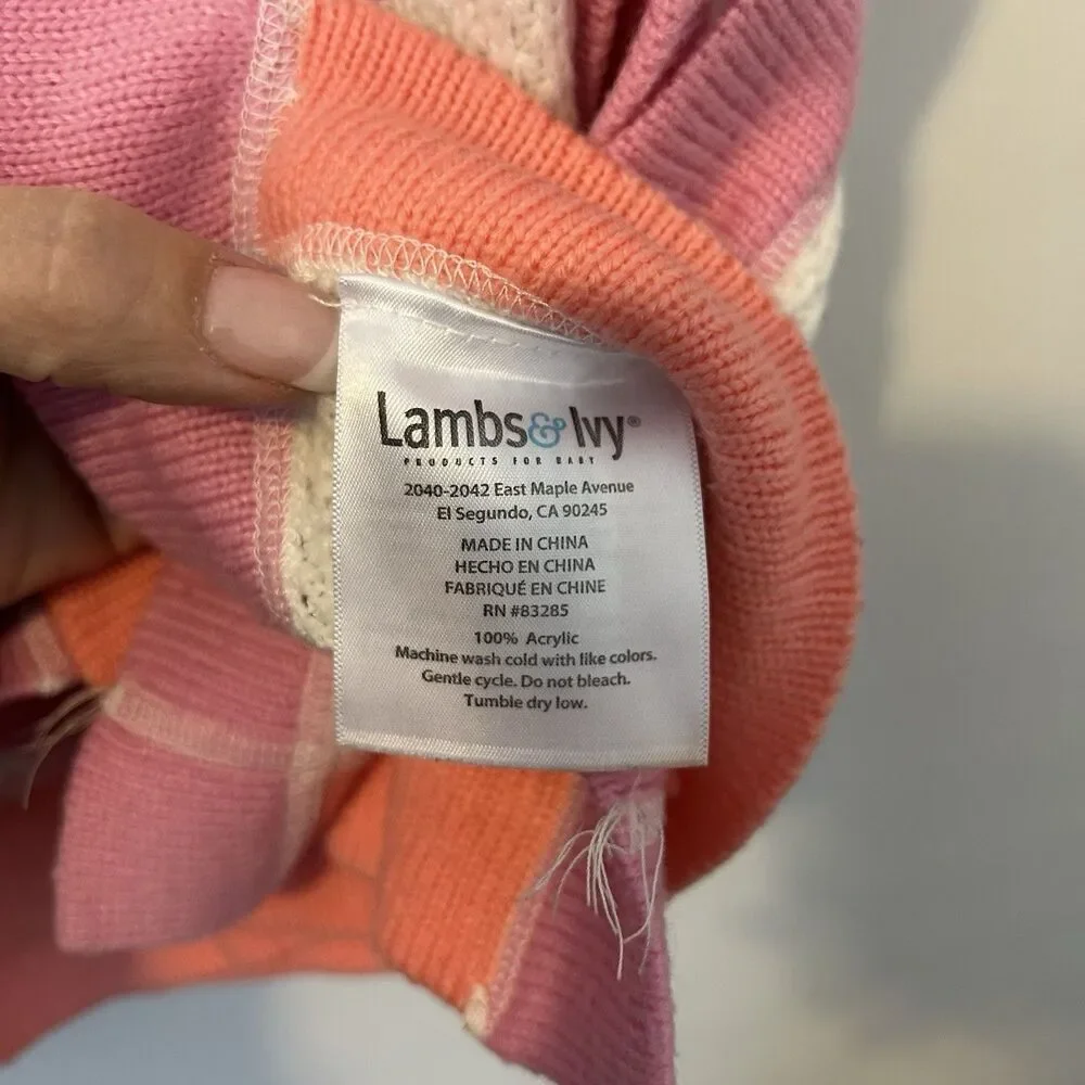 Lambs & Ivy Baby Blanket Cream With Satin Trim Pink And Orange Waffle Knit 47x37